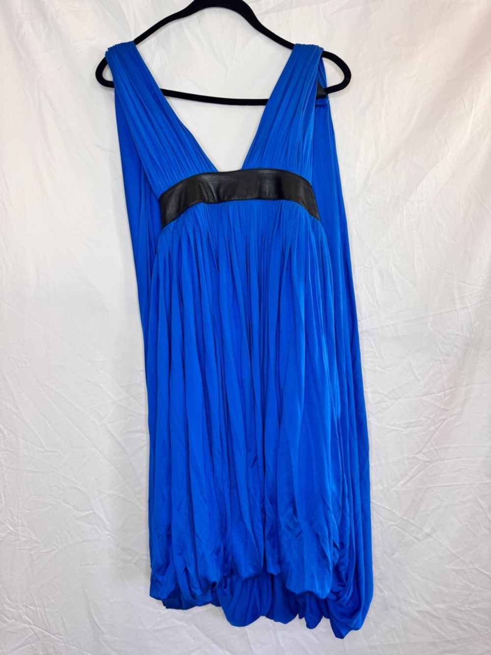 Lloyd Klein Runway Couture NWT Blue Pleated V-Neck Dress with Black Leather Trim